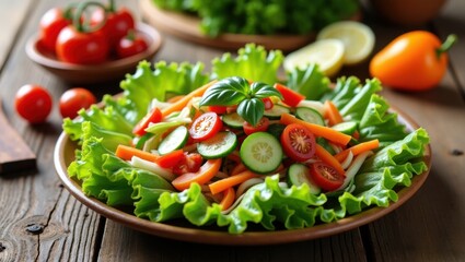 Fresh Mixed Vegetable Salad with Leafy Greens and Basil Topping