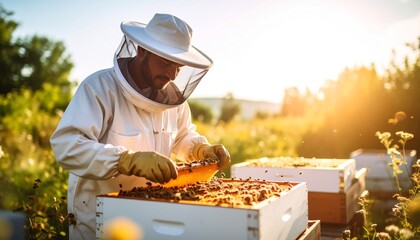 A beekeeper wearing protective gear carefully inspects a honeycomb frame in a sunny apiary.