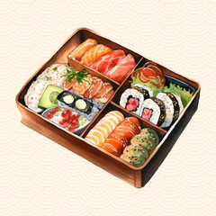 Watercolor hand painting illustration of japanese food bento box