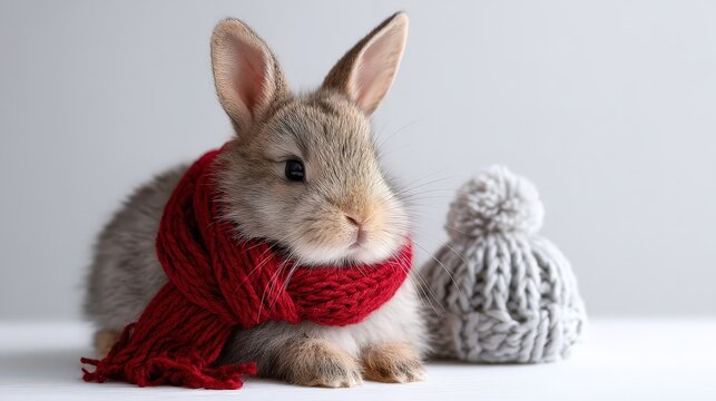 A cute rabbit wearing a red scarf sits next to a cozy knit hat, showcasing adorable winter fashion in a soft, neutral setting.