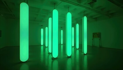 Neon Art Installation With Geometric Green Light Symmetry