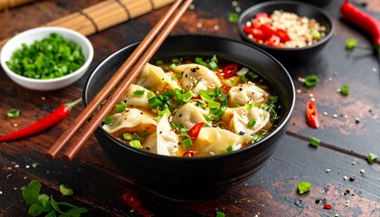 Delicious Of Wonton Soup With Chili Oil And Green Onion, Chinese Food, Asian Food Style.