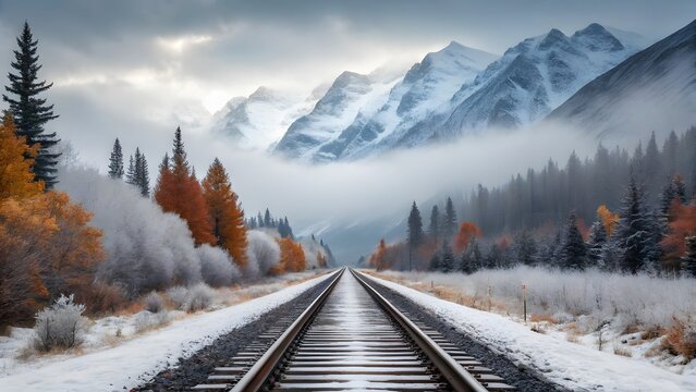 Snow Covered Railway Tracks Leading Towards Majestic Snowy Mountains Surrounded By Autumn Trees And Misty Forest Scenic Landscape

