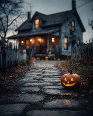 Fototapeta premium Vertical shot of a jack-o-lantern against a spooky house - Halloween theme