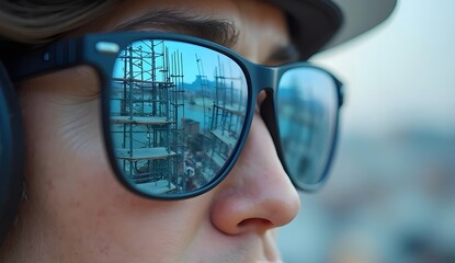 Scaffolding and Construction Site Reflected in Sunglasses