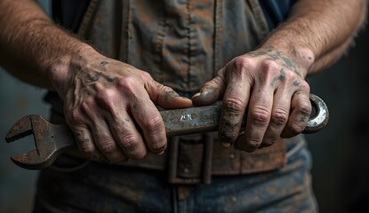 A strong, close-up shot of a mechanic's or a worker's tattooed and dirty hands, clutching a large, old, and rusty adjustable wrench. The image conveys a sense of hard work, grit, and manual labor