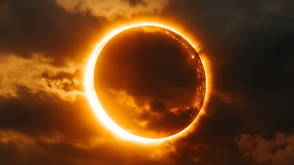 Obraz premium Solar eclipse in dramatic sky. Breathtaking solar eclipse viewed through dramatic clouds, illuminating the sky with vibrant colors