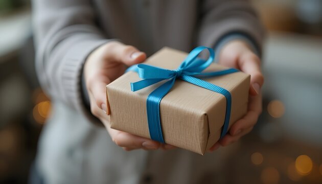 Detalhe das m&atilde;os de crian&ccedil;a passando presente com la&ccedil;o azul para m&atilde;o adulta