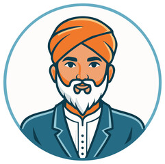 Elegant man cartoon icon with beard, wearing turban and suit within blue circle frame, representing cultural diversity and professional attire
