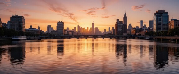 Fototapeta premium Metropolitan Glow Sunset Colors on a City s Waterway