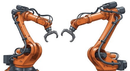 Two Orange Robotic Arms with Grippers, Industrial Automation Concept.