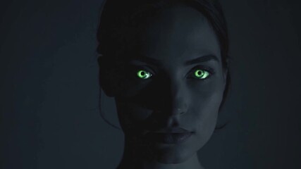 A dark, minimalist portrait of a woman with glowing green eyes emerging from blackness. Her form is ghostlike, still, and hauntingly beautiful in vertical composition.
- Powered by Adobe