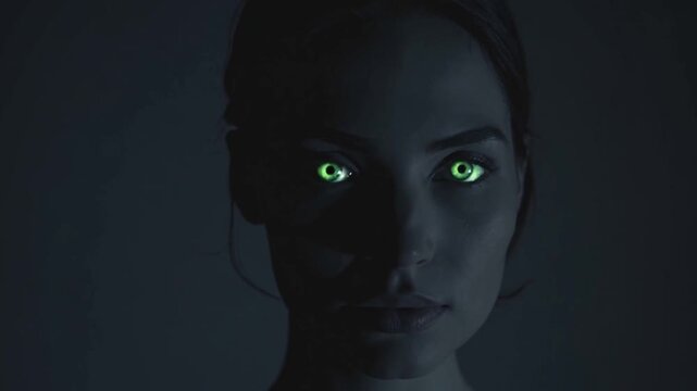 A dark, minimalist portrait of a woman with glowing green eyes emerging from blackness. Her form is ghostlike, still, and hauntingly beautiful in vertical composition.

