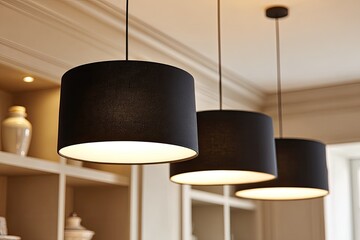 Three black pendant lamps hang from a beige ceiling