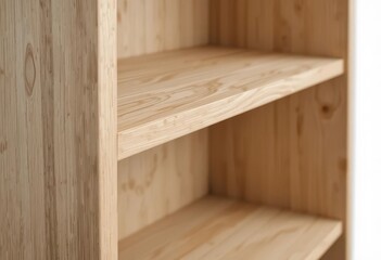  Close up of a minimalist Scandinavian style wooden bookcase on white.