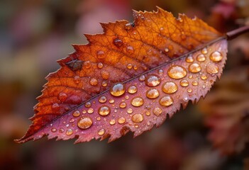  A Decaying Autumn Leaf with Water Droplets Reflecting Fall Colors