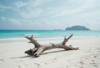  Coastal Stillness A minimalist tropical scene featuring a weathered driftwood log on a serene beach, emphasizing simplicity and
