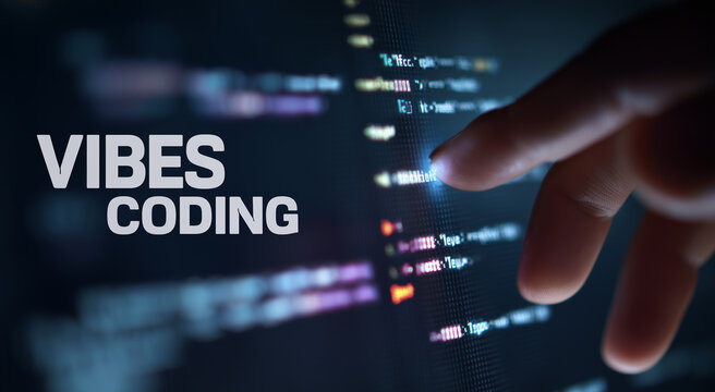 Finger touching screen with Vibes Coding text