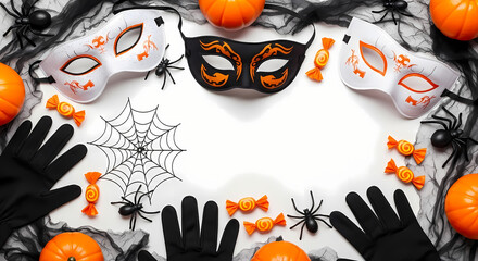 Festive Halloween party background for a unique wedding or anniversary celebration with masquerade masks, pumpkins, and copy space.
