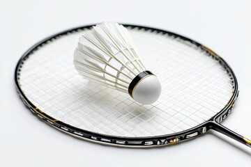 Badminton shuttlecock on racket, indoor court game, sport, white background, close
