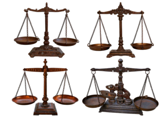 Set Rusted antique balance scales of justice with chain and pan isolated on a transparent or white background