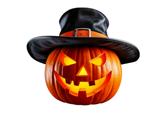 ack O' Lantern, cut out. Halloween pumpkin in hat, the main symbol of the Happy Halloween isolated on a transparent or white background