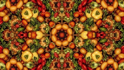 Vibrant Kaleidoscopic Arrangement of Fresh Fruits and Vegetables Creates a Colorful Edible Mosaic