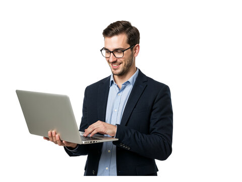 Smiling businessman wearing glasses and a suit jacket using a laptop computer isolated on transparent background