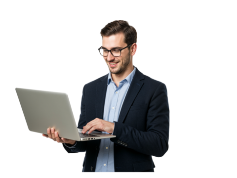 Smiling businessman wearing glasses and a suit jacket using a laptop computer isolated on transparent background