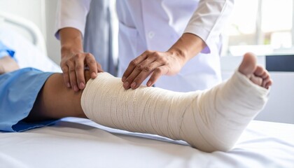 A medical professional carefully examines and adjusts a patient's leg cast while the patient rests in bed.