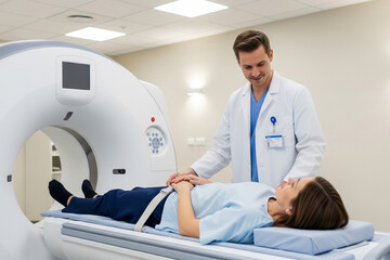 Doctor Comforting Patient During CT Scan in Modern Hospital Setting