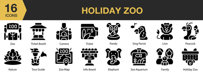 Holiday Zoo solid icon set. Includes vacation, park, pet, giraffe, jungle, and More. Solid icons vector collection.