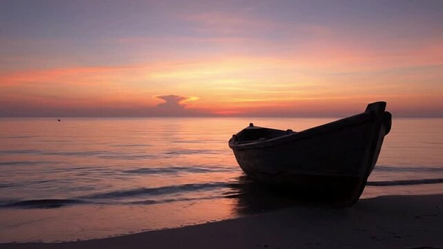 Boat at twilight A dark wooden boat rests on a beach as a stunning sunset paints the sky with pink and orange hues