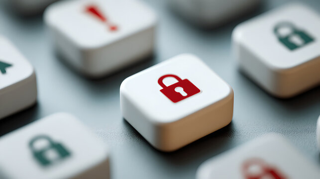 A close-up of a white button with a red padlock icon, representing security, protection, and privacy.
