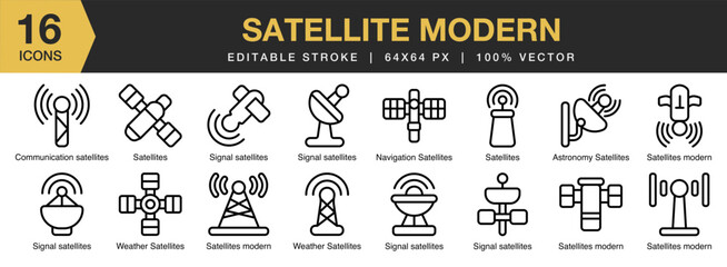 Satellite Modern icon set. Editable Stroke Icon Collection. Includes satellite, communication, technology, network, internet, and More. Outline icons vector collection.