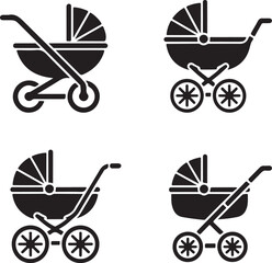 Baby Mobility and Gear Silhouette Icon Pack – Jogging Stroller, Umbrella Buggy, Baby Carriage, and Compact Fold Pram Symbols