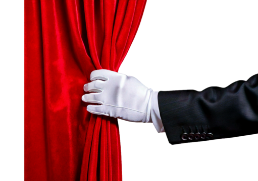 Elegant hand in white glove pulls back red curtain to reveal stage isolated on a transparent or white background