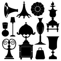 Collection of black silhouettes of vintage lamps vases and decorative objects