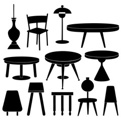 Collection of black silhouette furniture including chairs tables and a floor lamp on a white background