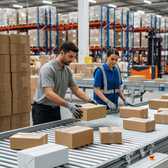 Efficient Warehouse Team Handling Packages on Conveyor Belt in Modern Logistics Center