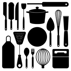 Collection of black silhouette kitchen utensils and cooking equipment on white background