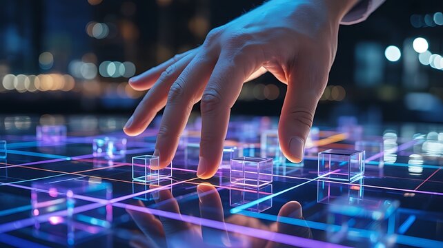 Hand interacting with futuristic digital interface