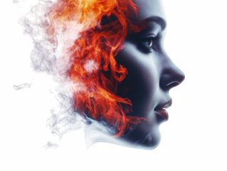 Fiery woman profile with burning passion and intense emotion