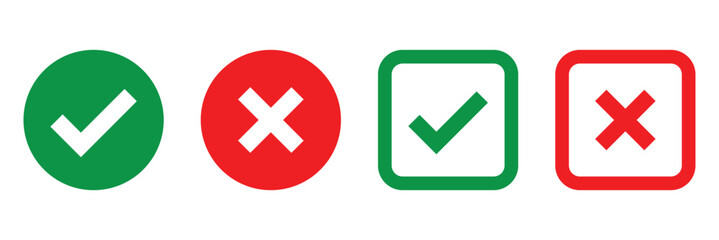 Check mark or tick mark and cross sign. Green check and red X icons, Right or wrong icons. Checkmark and x mark icon for apps and websites. Buttons for vote, election choice decision and web use. © Oliver Vandenberg