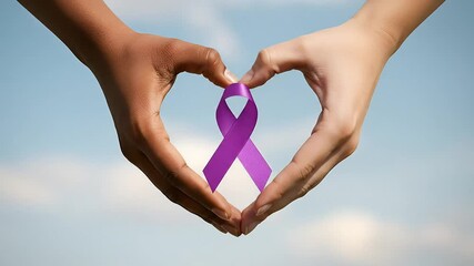 Hands forming a heart shape with a purple ribbon - Powered by Adobe