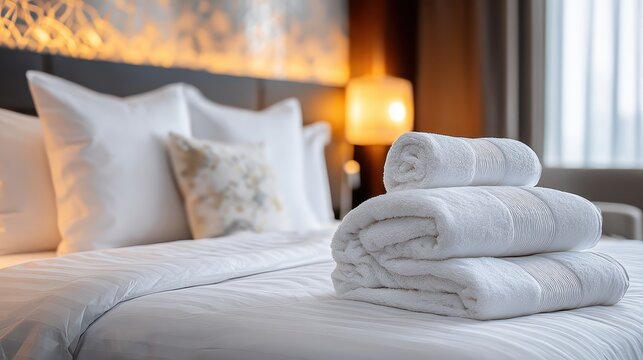Luxurious hotel room bed with white towels, pillows, and soft lighting. It is perfect for ads related to travel, hospitality, or relaxation.