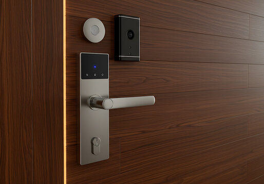 Close-up of a modern electronic door lock and handle on a wooden door, showcasing security and technology.