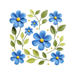 Fototapeta premium 3D Blue Flowers with Green Leaves and Yellow Centers on Transparent Background