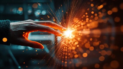 Hand touching glowing particle sphere with orange light burst for connection technology innovation futuristic energy digital power creativity advancement illumination design concept. - Powered by Adobe
