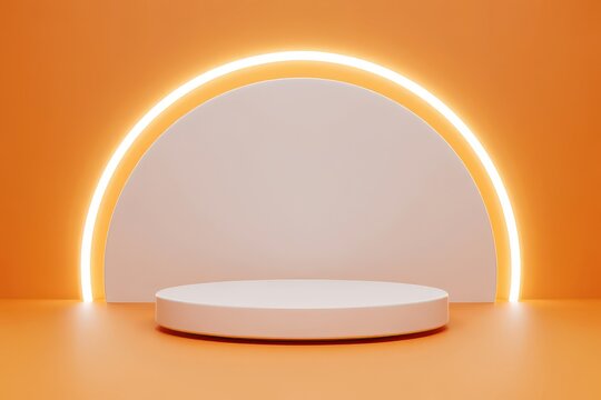 Modern minimalist white podium with a glowing orange neon arch on a vibrant orange background